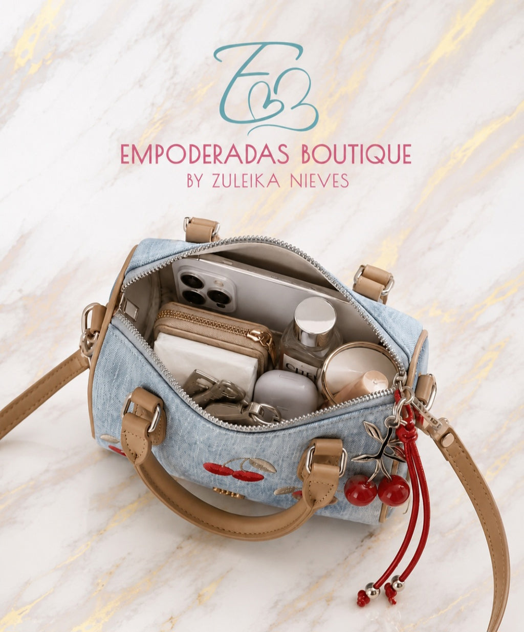 Cartera Cherry Denim Chic – Bolso de mezclilla con cerezas